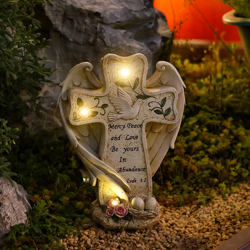 Solar Cross Statue Memorial Angel Wings Dove Butterfly Garden Light Religious Decoration Sympathy Gift for Cemetery Yard Grave