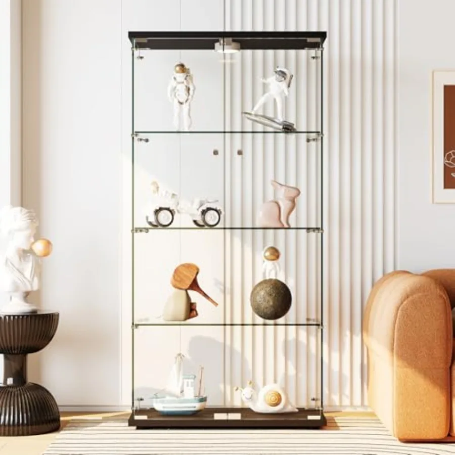 4-Tier 64.6h Tempered Glass Display Cabinet for Collectibles Decor Clear Glass, Black Frame, 13-Color LED Lights Human Body Sen