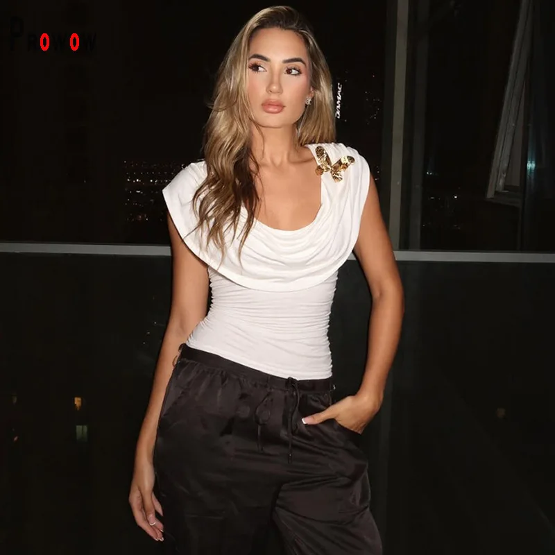 

Prowow Fashion Large Cowl Neck Women Tops Summer White Slim Fit Shirts for Lady 2025 New Black Folds Top Clothes with Butterfly