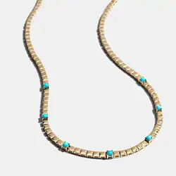 High Quality Simple Geometric Women Jewelry Fashion Gold Color White CZ Blue Turquoises Beaded Chain Bracelet Necklace