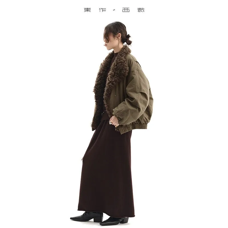 Col en laine ~ Veste en duvet d'oie de style barn, parka à revers, manteau court pour femmes de petite taille, vêtements d'hiver