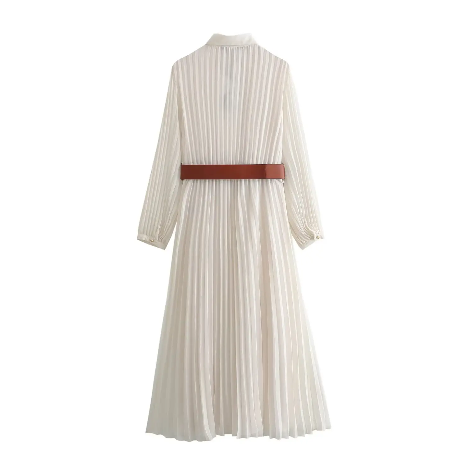 PB & ZA-Women's Long Pleated Dress with Belt, White Shirt, Vintage, Casual, Chic Female Dresses, New Fashion, Autumn, 2024