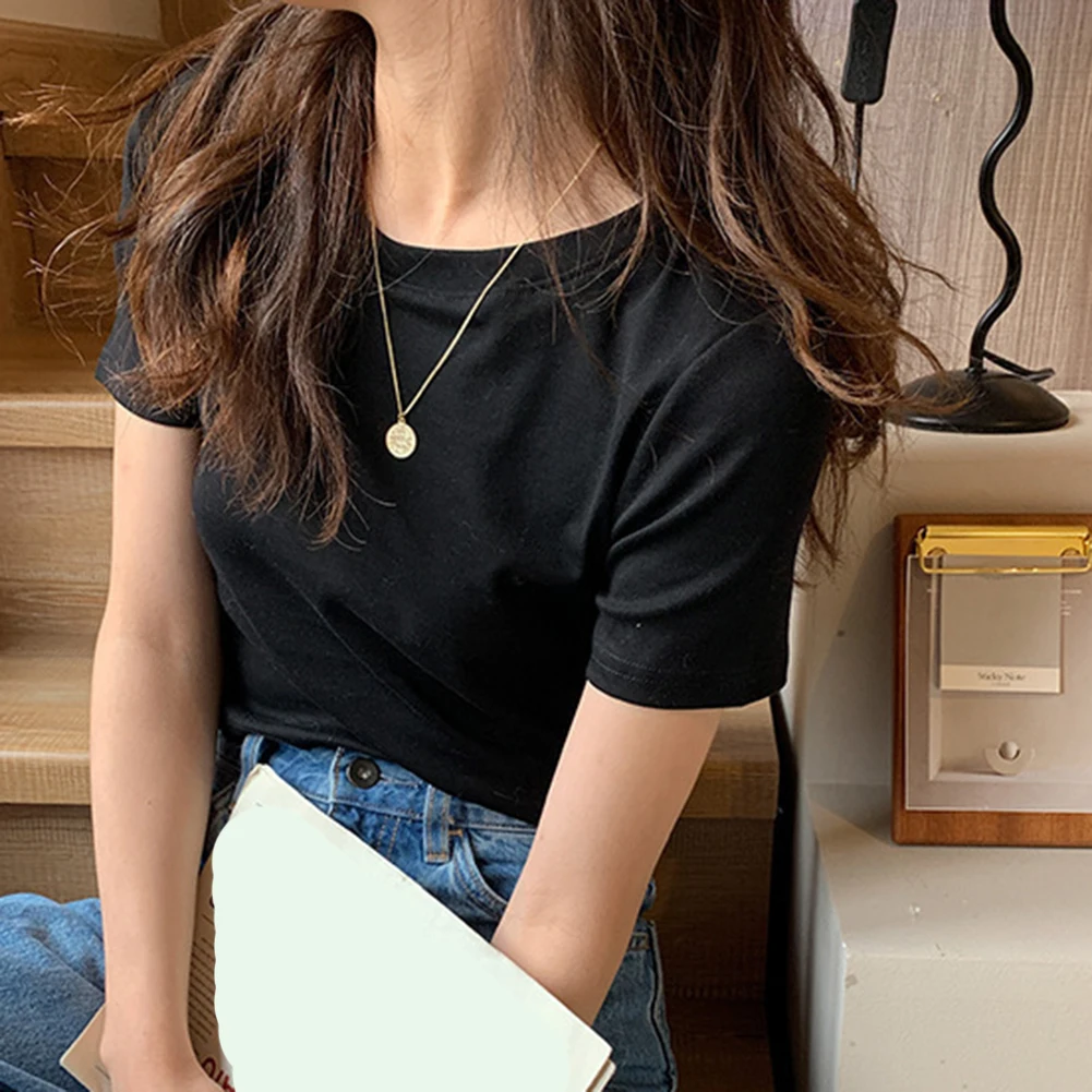 تي شيرت نسائي برقبة دائرية وأكمام قصيرة بلون سادة من قماش البوليستر والألياف اللدنة مع بلوزة صيفية كاجوال خفيفة الوزن قابلة للتمدد