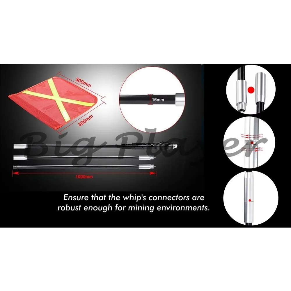 Safety Led Mining Whips With Reflective Flag (Orange) Quick Release Spring Base Work Light
