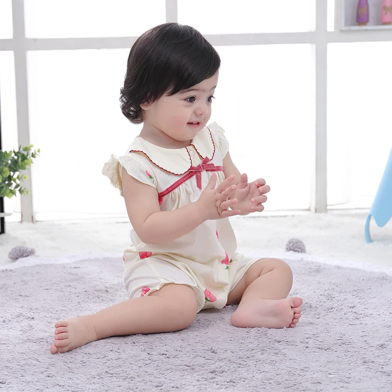 Pure cotton jumpsuit with flying sleeve for newborn baby girl, thin clothes for summer