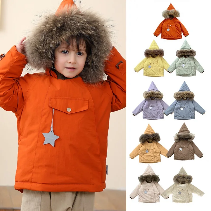 

Детский пуховик 2025, зимняя новая модная теплая куртка с капюшоном для мальчиков и девочек, милое детское хлопковое пальто на белом утином пуху, детская одежда