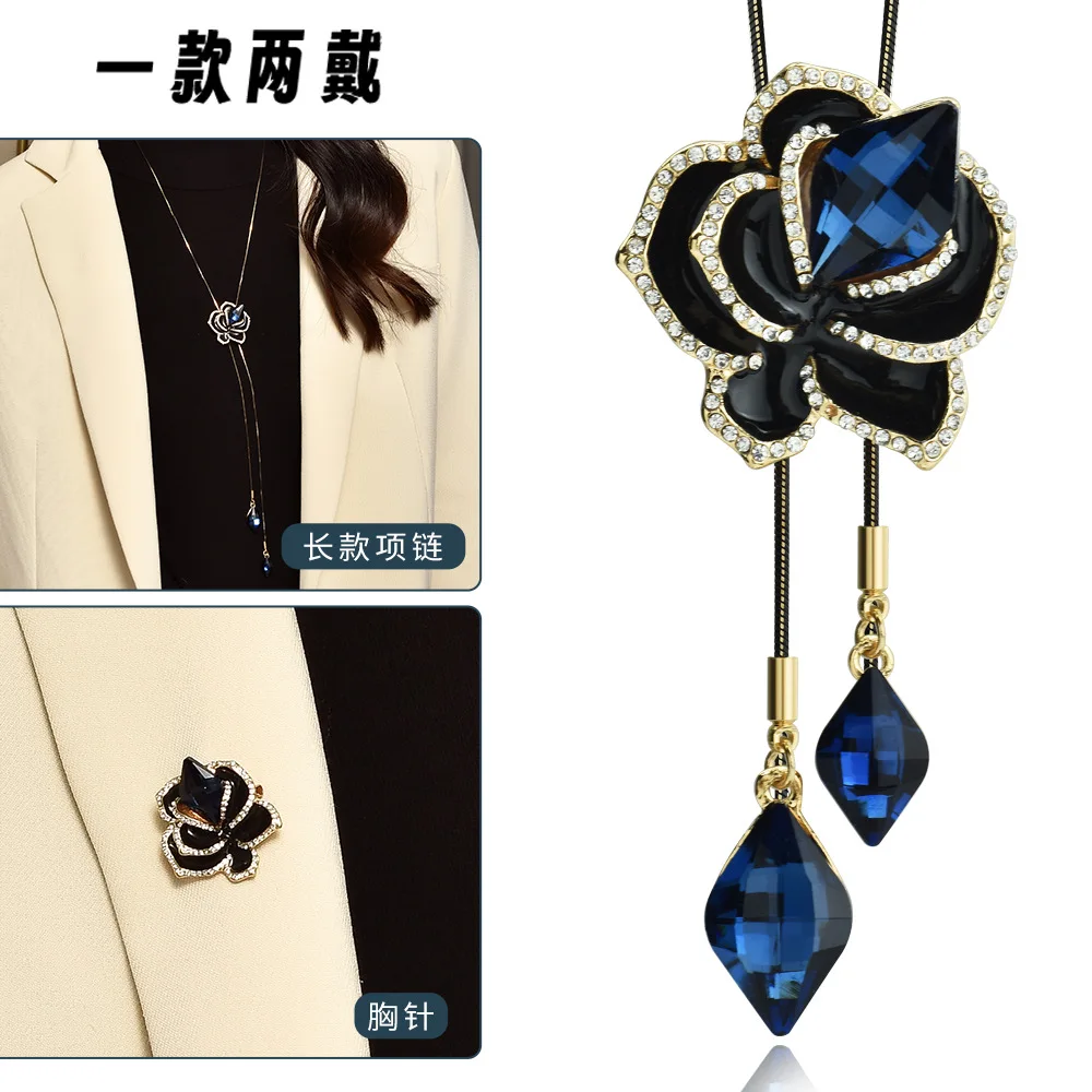 

High-end two-piece set of crystal tassel rose sweater chain, fashionable clothing long necklace, retro necklace