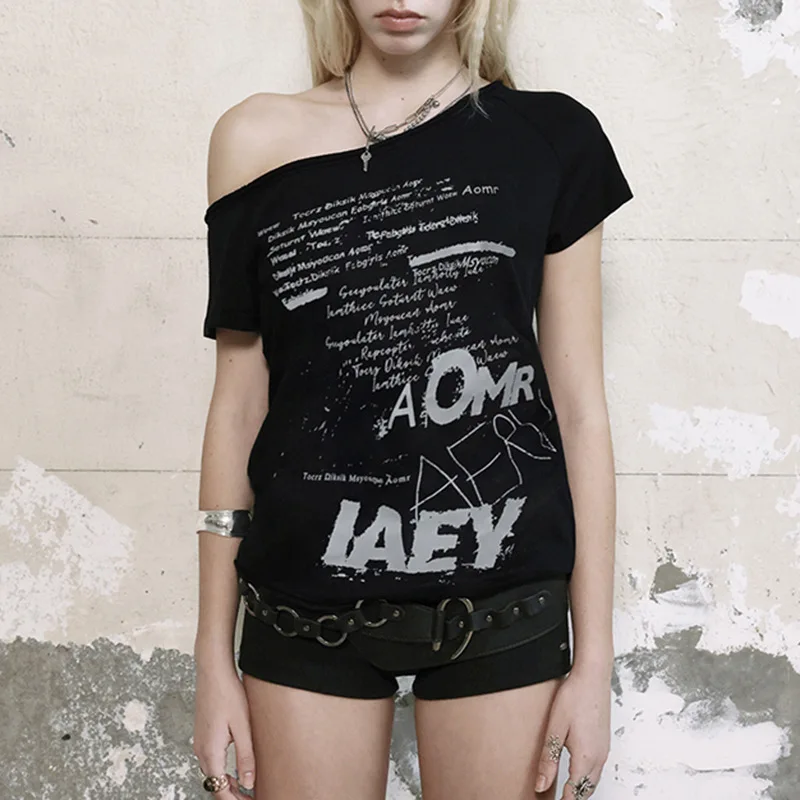 

Dark Street Letter Printed Round Neck Loose Short Sleeve T-shirt for Women 2024 Summer American INS New Top