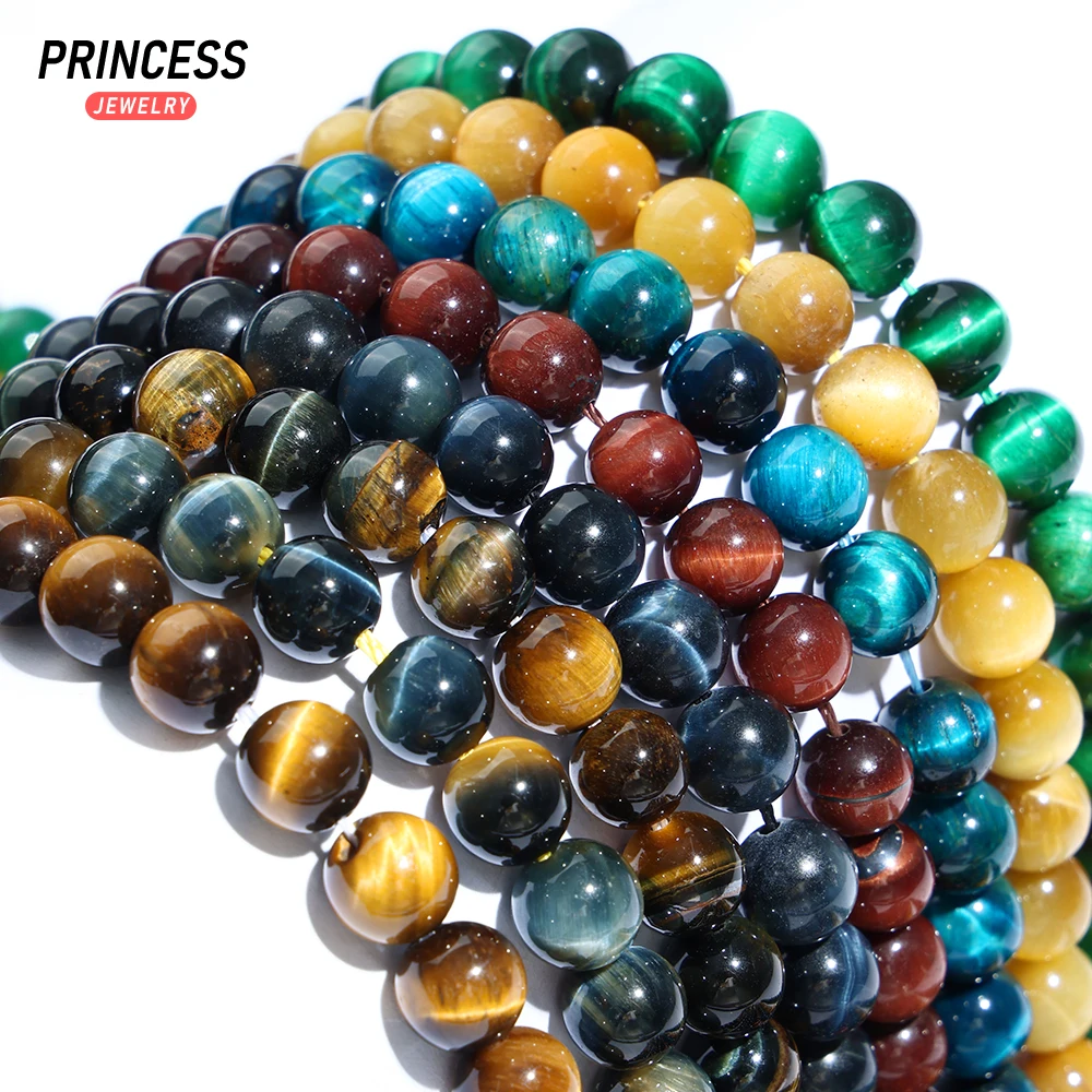 A + Ojo de Tigre Natural, cuentas amarillas, azules, rojas, doradas y verdes, cuentas de piedras preciosas sueltas de 4-12mm para hacer joyas, cuentas de cristal