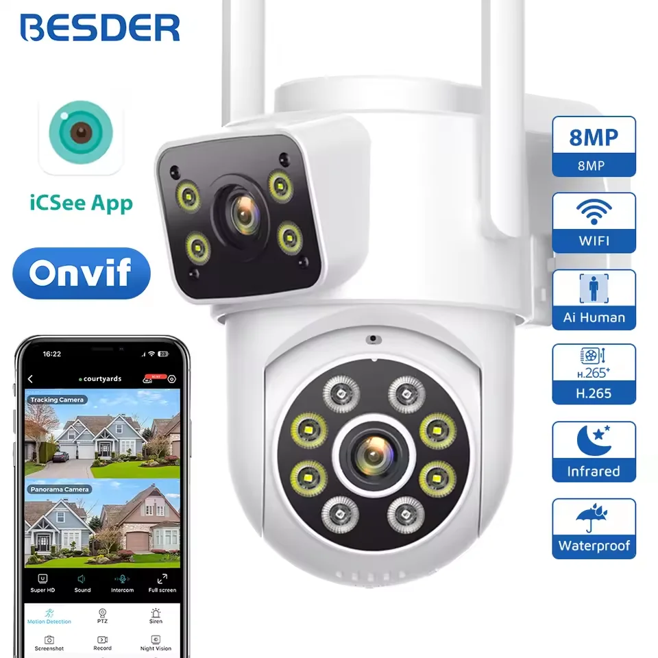 BESDER 8MP WiFi Camera PTZ Dual Screens Auto Tracking Night Vision CCTV Surveillance Camera Outdoor 4MP Security IP Camera icsee