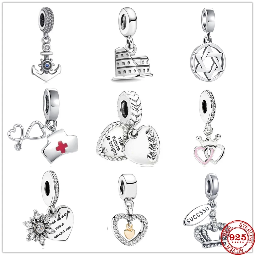 

New 925 Sterling Silver Nurse Bear Crown Heart Bead Charms Fit Original Pandora charm Bracelets Women DIY Jewelry