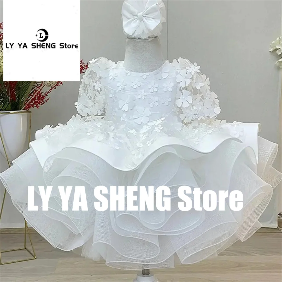 Customized Flower Girl Dress Short Sleeve Puffy 3d Applique Baby Kids Birthday Prom Baptism Princess Ball Gown First Communion