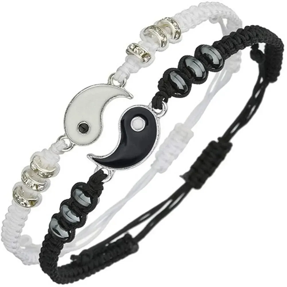 Set di gioielli da 2 pezzi Coppia Nero Bianco Tai Chi Bracciale Corda Set di catene regolabili Gioielli da indossare ogni giorno in stile semplice