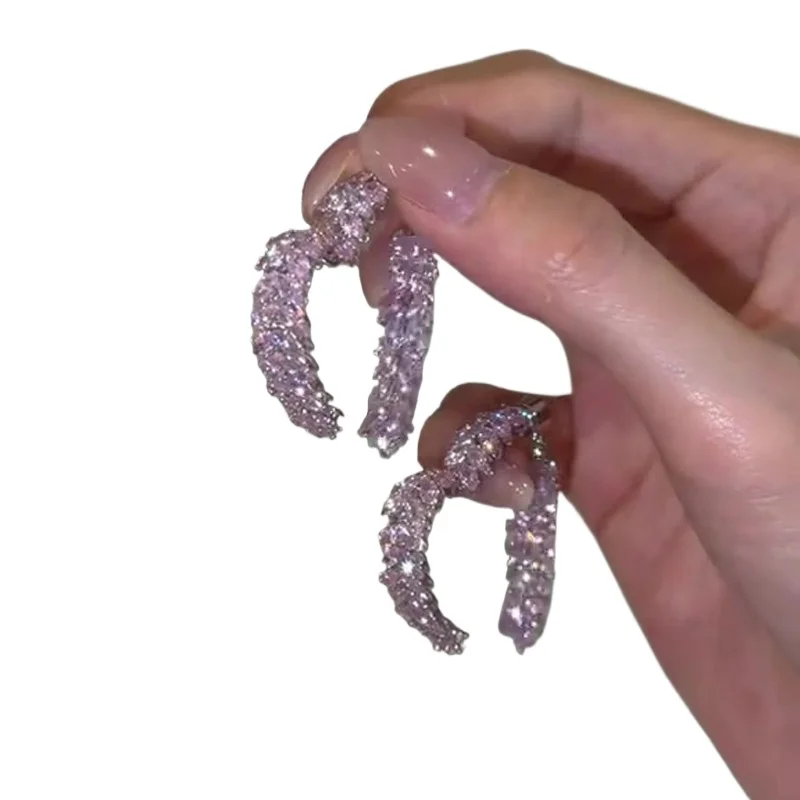 Temperament light luxury pink wheat stud earrings super flash zircon love earrings exquisite earrings