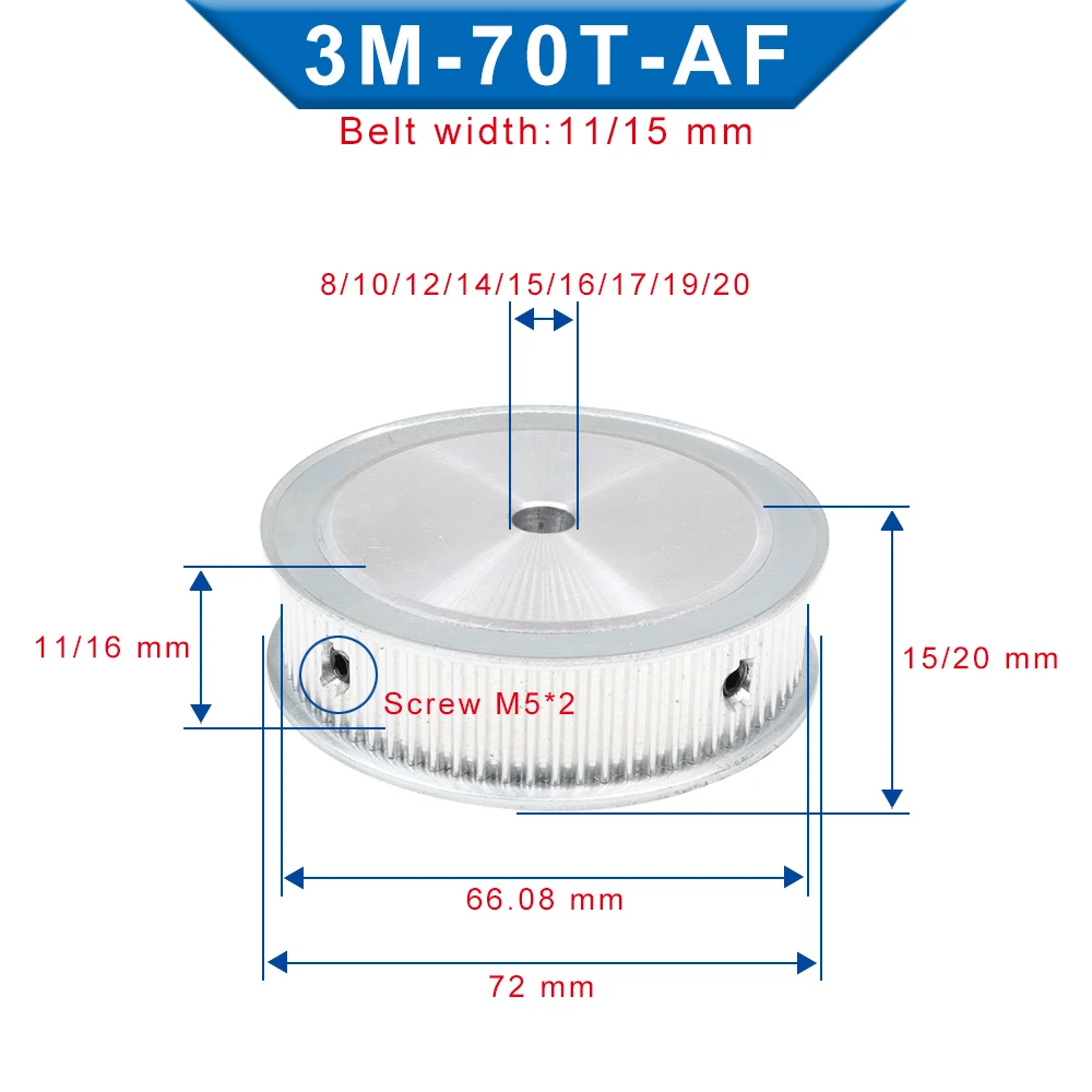 Timing Pulley 3M70T Bore 8/10/12/14/15/16/17/19/20 mm Aluminum Belt Pulley Circle-arc Tooth For 3M-Timing belt Width 10/15 mm