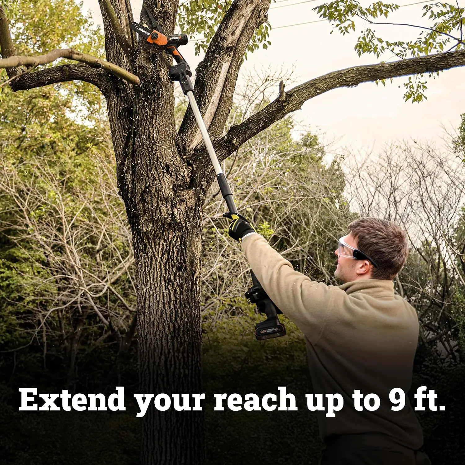 ^For Pole Chainsaw, 20V 5'' Pruning Saw with extension pole, Reach up to 9 ft, 25 ft/s Chain Speed, Includes 20V 2.0 Ah Battery