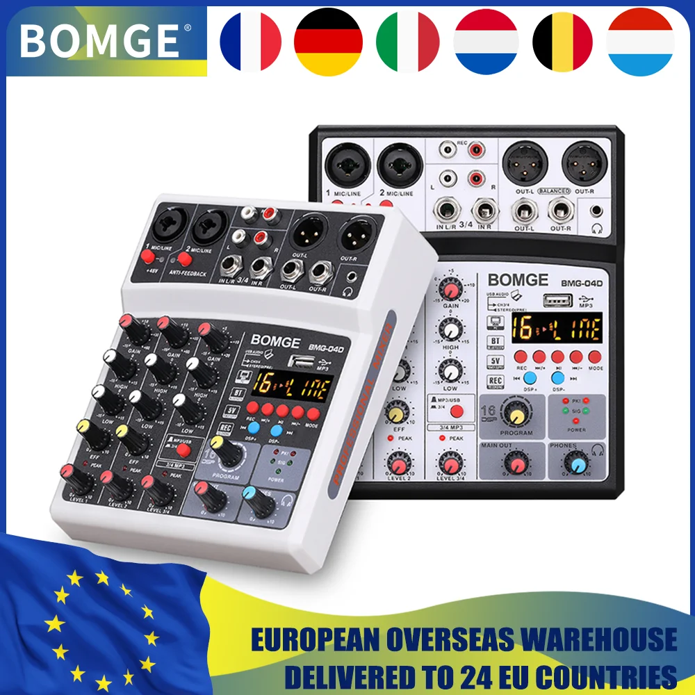 BOMGE 4 channel 16 DSP Echo dj audio sound mixer interface mixing console karaoke with MP3 USB Bluetooth Stereo recording