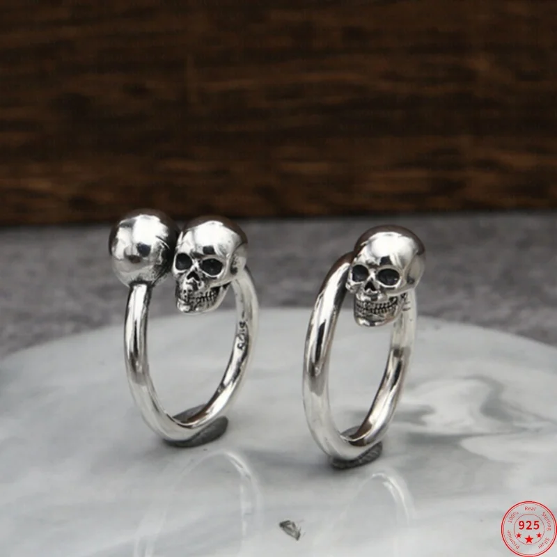 S925 Sterling Silver Charms Rings for Men Women Retro 3D Double Skull-Heads Pure Argentum Fashion Punk Jewelry Wholesale