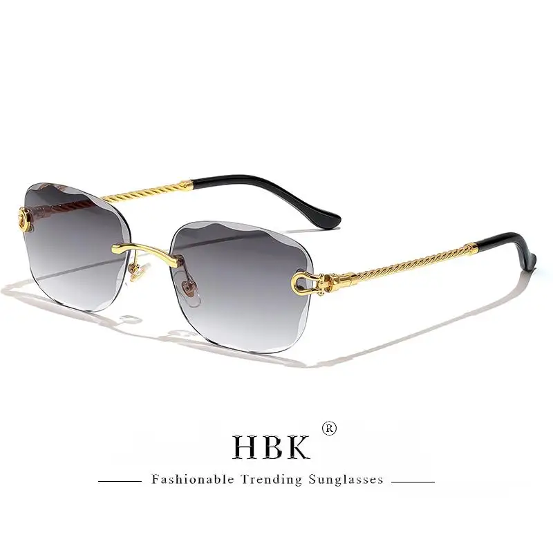 HBK Vintage Design Rahmenlose Sonnenbrille Männer Luxus Wellenschneiden Metall Sonnenbrille für Frauen Reisen Einkaufen Shades Brillen UV400 – Detail 18