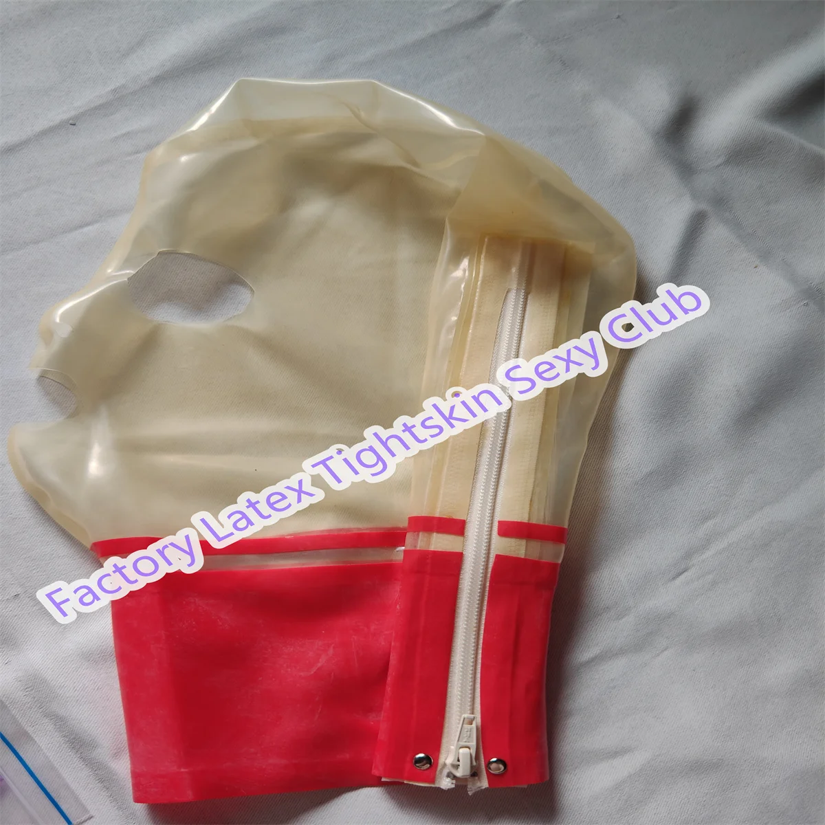 

Latex Hood Back Zipper Transparent with Red for Catsuit Rubber Mask Cosplay Club Wear Costume