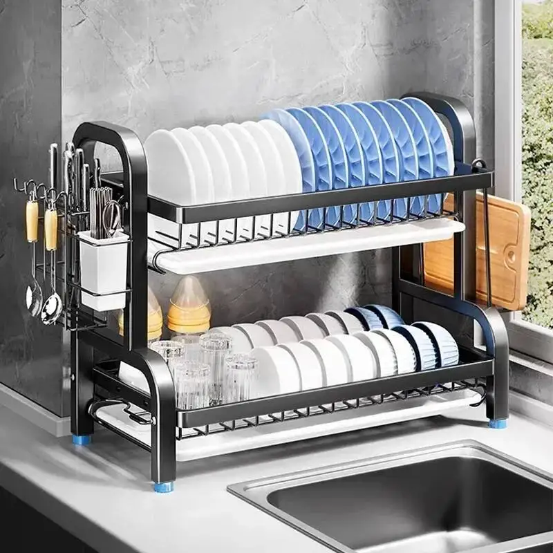 

Drying 2-Tier Kitchen Rack Drainboard Set Large Rust-Proof Dish Drainer With Utensil Holder Home Goods 43Cm