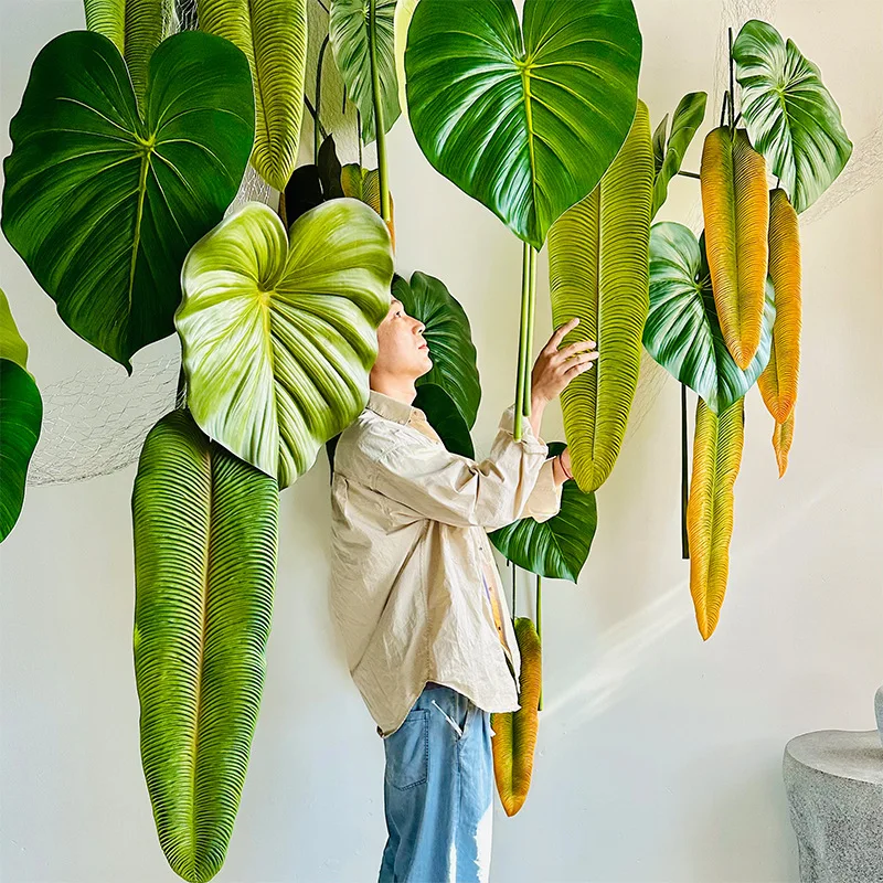 Simulation feel big branch leaves, velvet banana leaves placed on the wall, green plants landscaping decoration