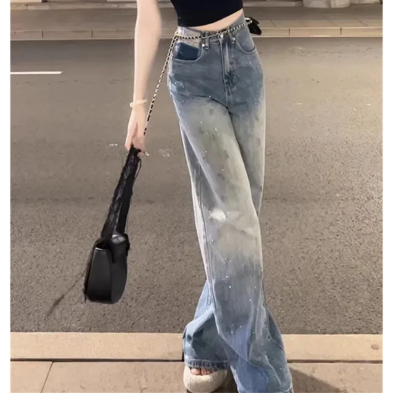 2025 Dames Hoge Taille Wijde Pijpen Jeans Lente Herfst Femme Losse Rechte Denim Pantalons Amerikaanse Vrouwen Gradiënt Cowboybroek