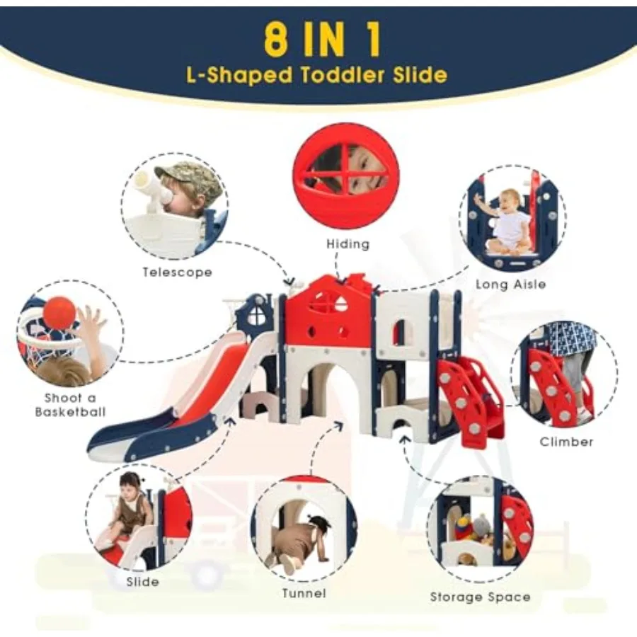 Perosotan Anak 8 in 1, Perosotan Panjat, Set Permainan Indoor Outdoor dengan Ring Basket, Teleskop, dan Ruang Penyimpanan, Perosotan Berdiri Sendiri