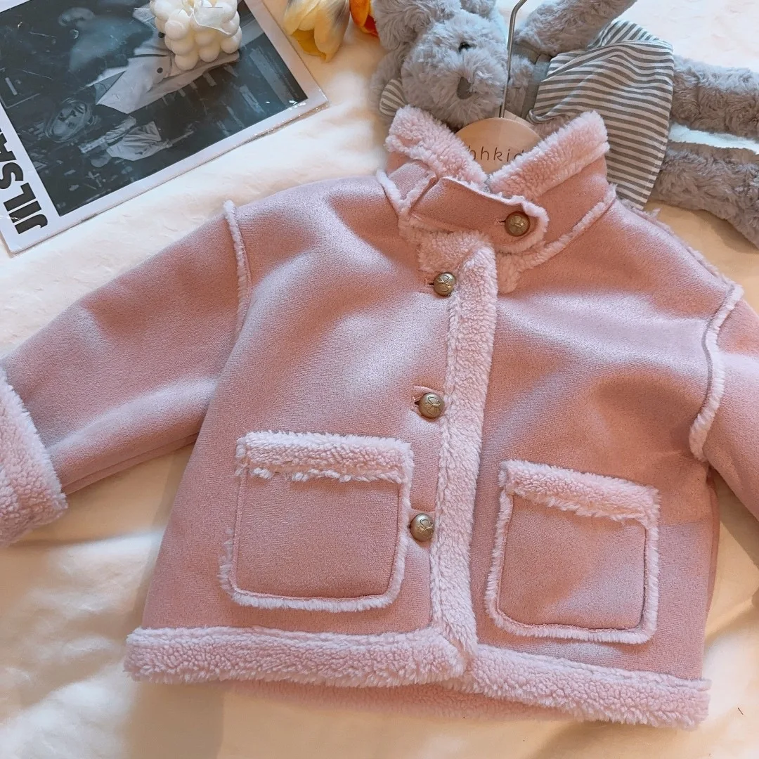 Coat New Girl Lamb Loose Autumn Winter Lapel Collar Coat Warm Thickening Tops Simple Fashion 2024 Button Simple Children