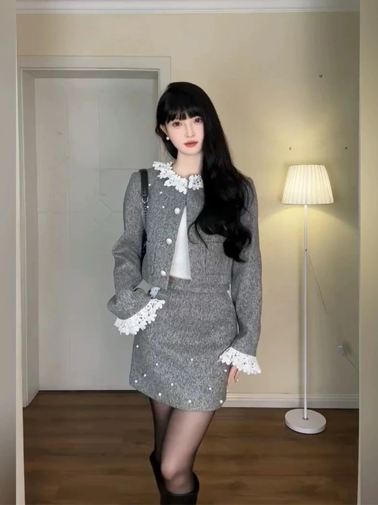 Ele Winter ort Set gonna con Jaet Fragile Princ Sle Faionable Abito in due pezzi per donna Gonna a trapezio vintage