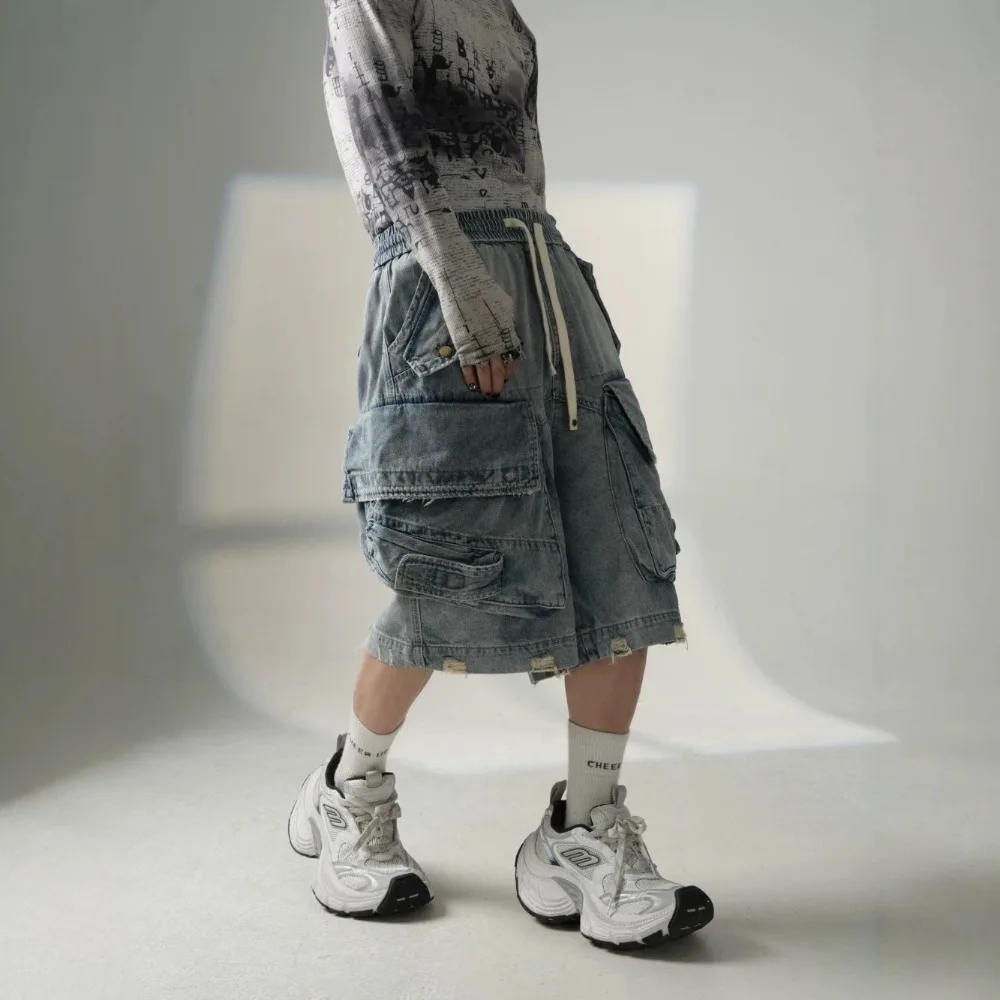 High Street Jeans Shorts Men's Vintage Washed Workwear Seven-Inch Multi-Pocket Velcro Flared Distressed Denim Shorts