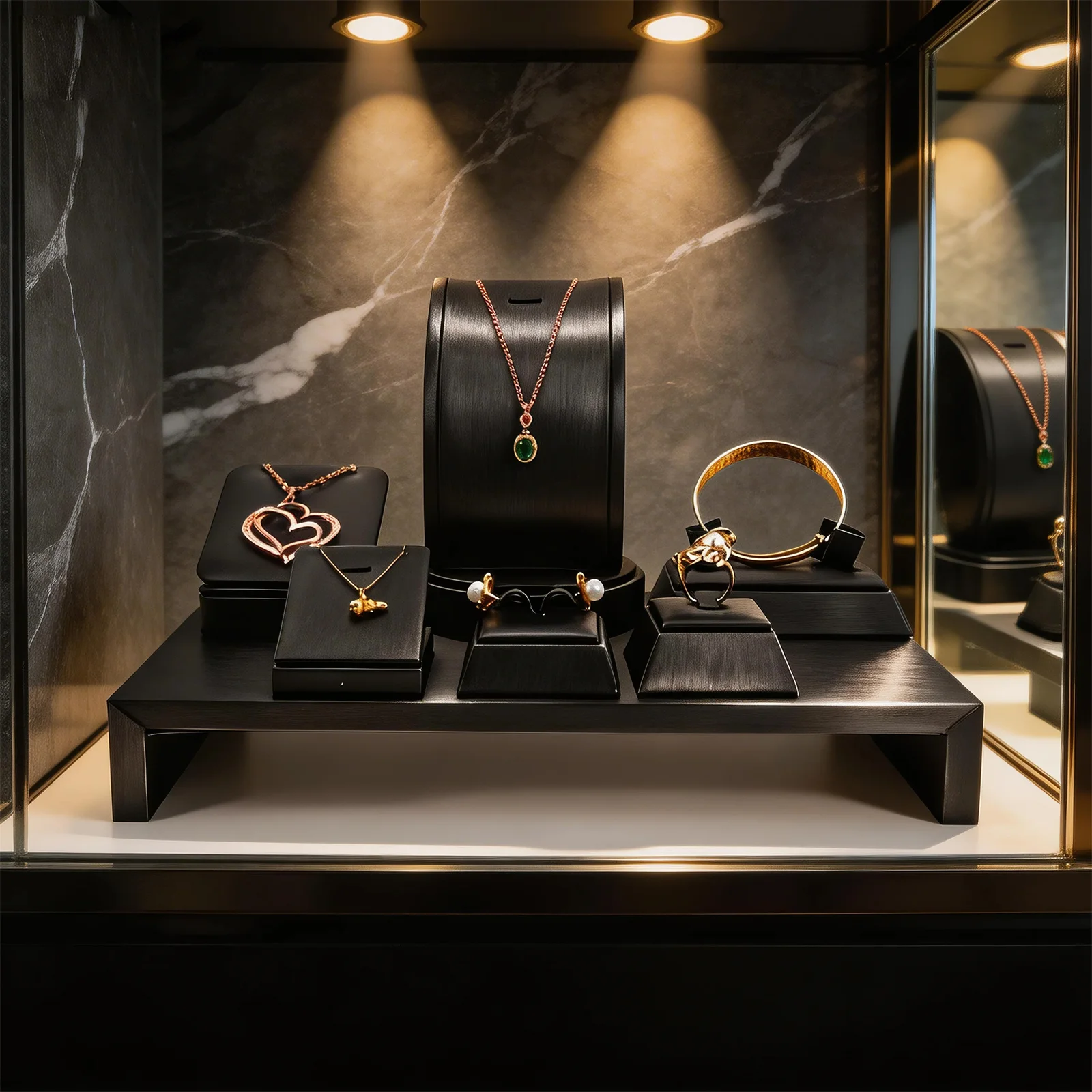 Black PU Leather Jewelry Display Stand for Rings Earrings Necklaces - Store Window Counter Showcasing Rack for Jewelry Props