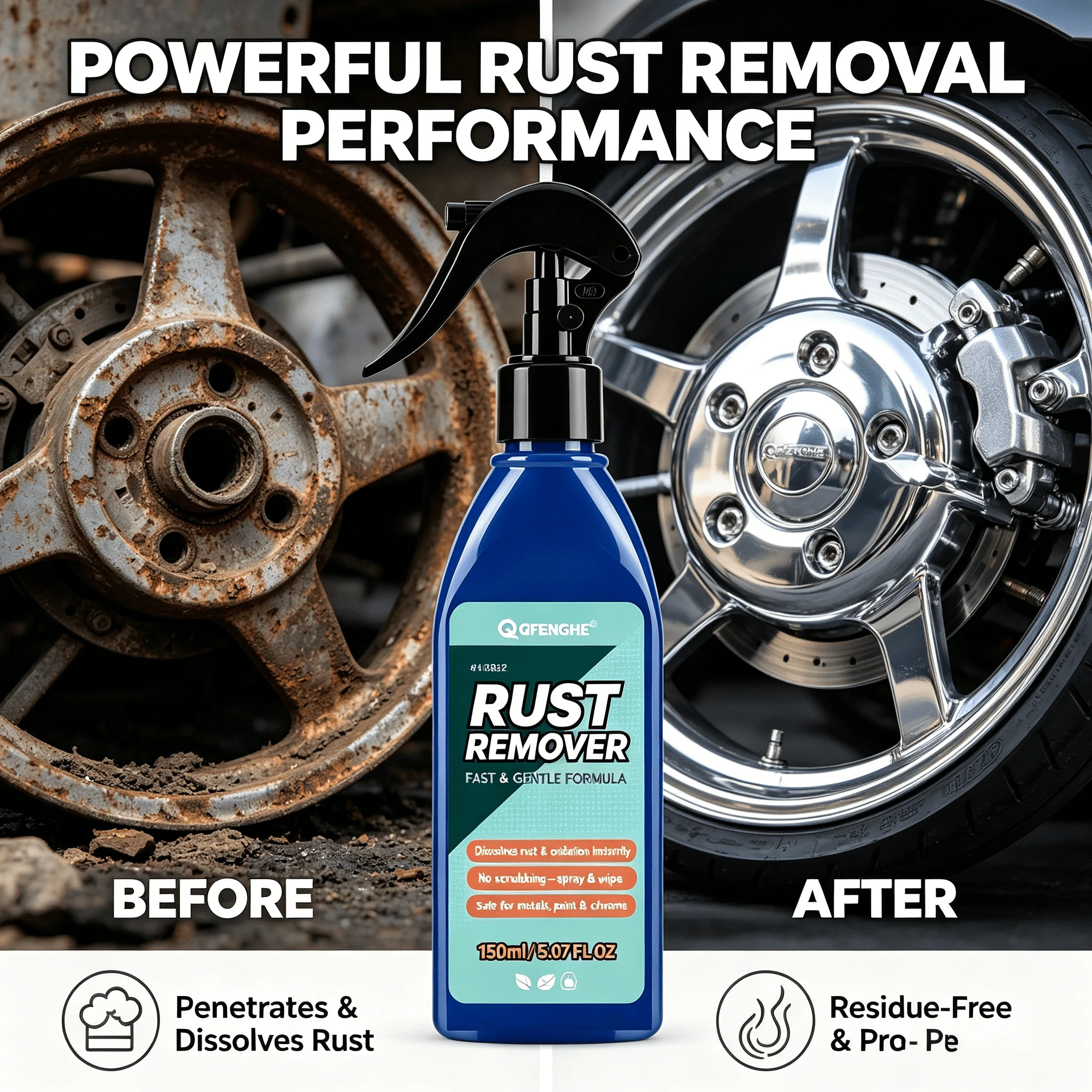 Heavy Duty Rust Cleaner for Vehicles & Household – Dissolves Rust Fast, Safe on Chrome & Bare Metal – 150ml
