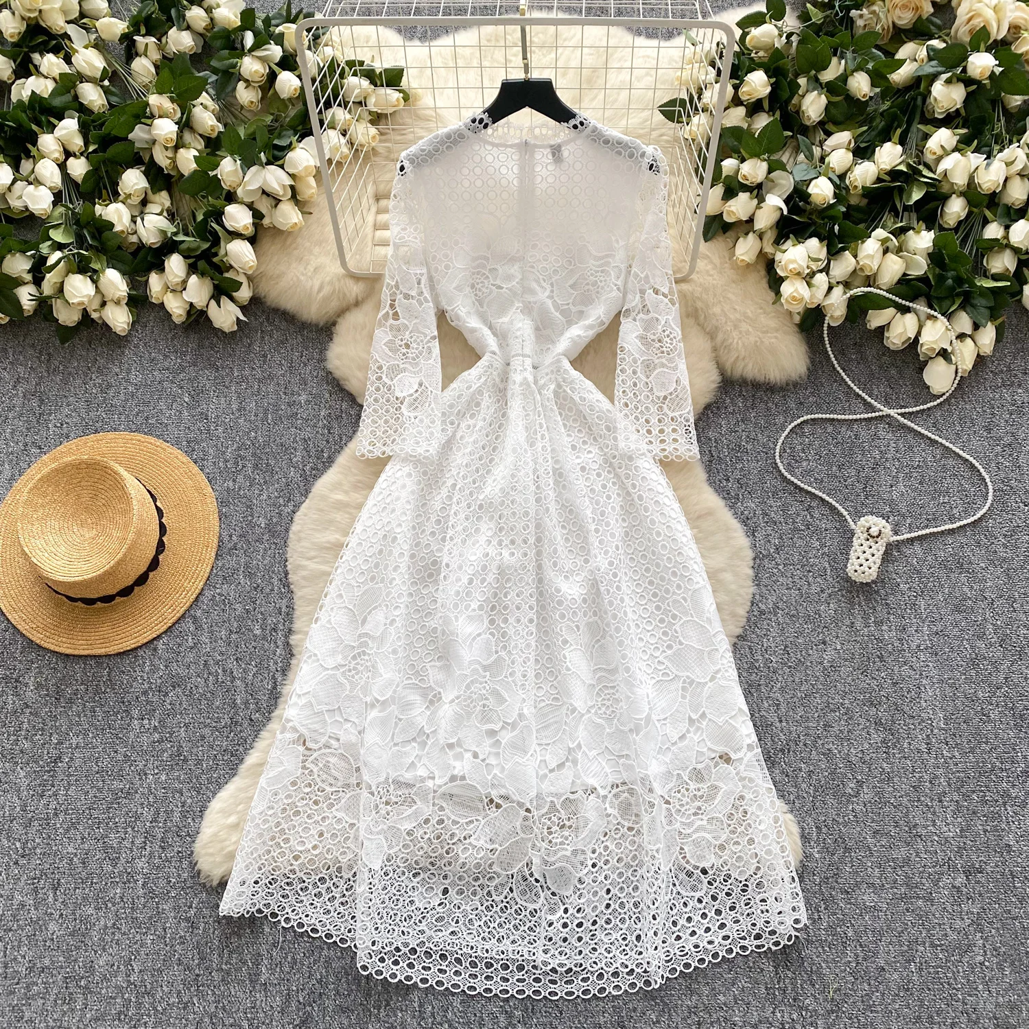 프렌치 훅 플라워 할로우 레이스 긴팔 플로럴 페어리코어 드레스 여성 여름 허리 A라인 행사 드레스 여성 의류