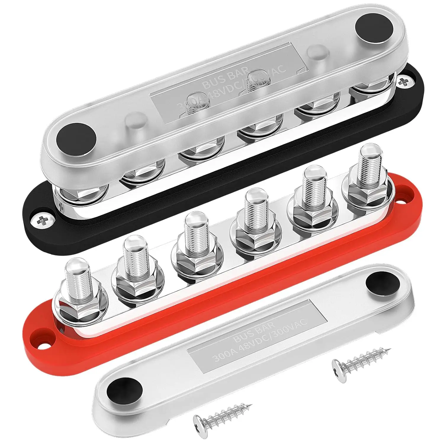 300A Bus Bar 12V Marine 12V Power Distribution Block with Cover 6 x  (M10) Terminal Studs Max 300V AC 48V DC Positive
