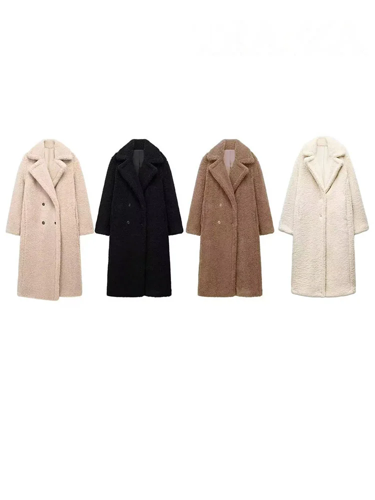HH Women Vintage Wool Blend Long Coat Autumn Winter Lapel Chic Long Sleeve Double Breasted Big Jacket Female Street Overcoat