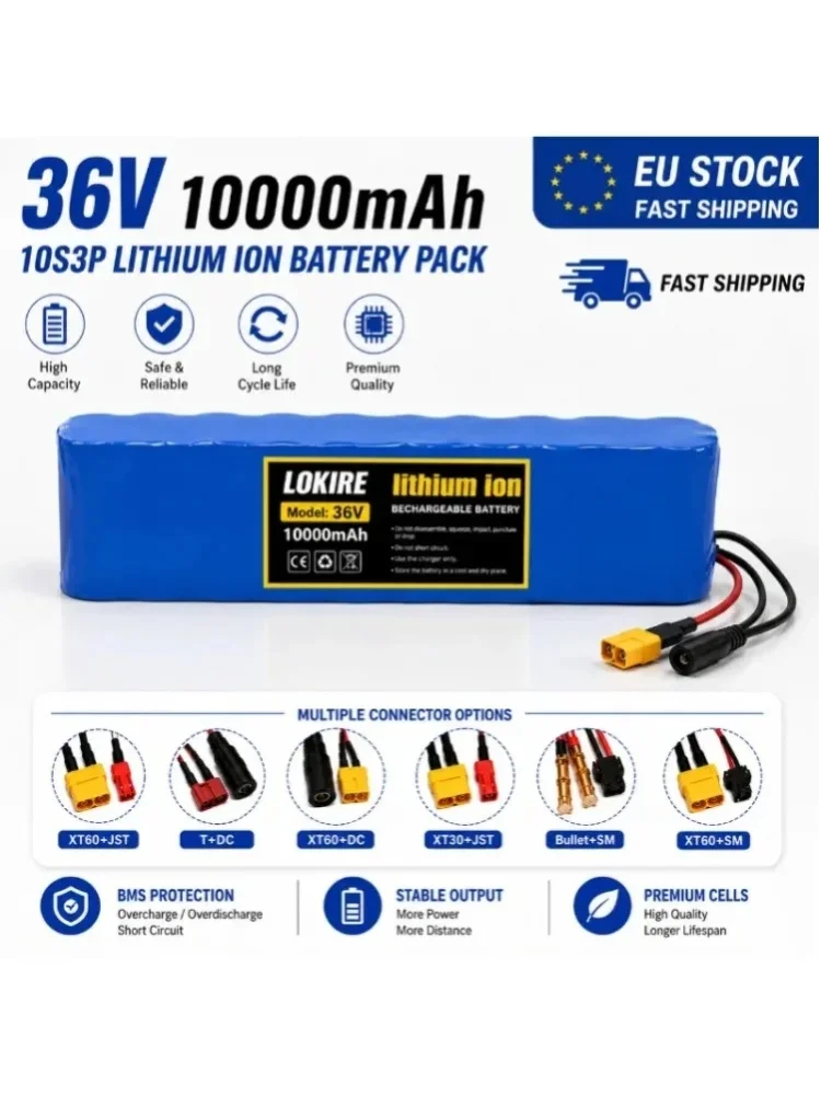 36V 10000mAh 10S3P 18650 Li-Ionen-Akku-Pack, wiederaufladbarer Akku für Elektroroller, E-Bike, Fahrrad, 1000W Motorsteuerung, intelligenter BMS-Schutz, sicher, langlebig, lange Lebensdauer,