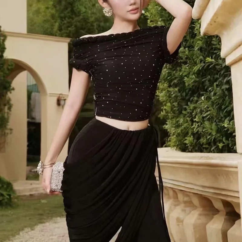 Elegant Off Shoulder Tshirt Women 2025 Autumn New Slim Fit Short Top with Ruffle Design
