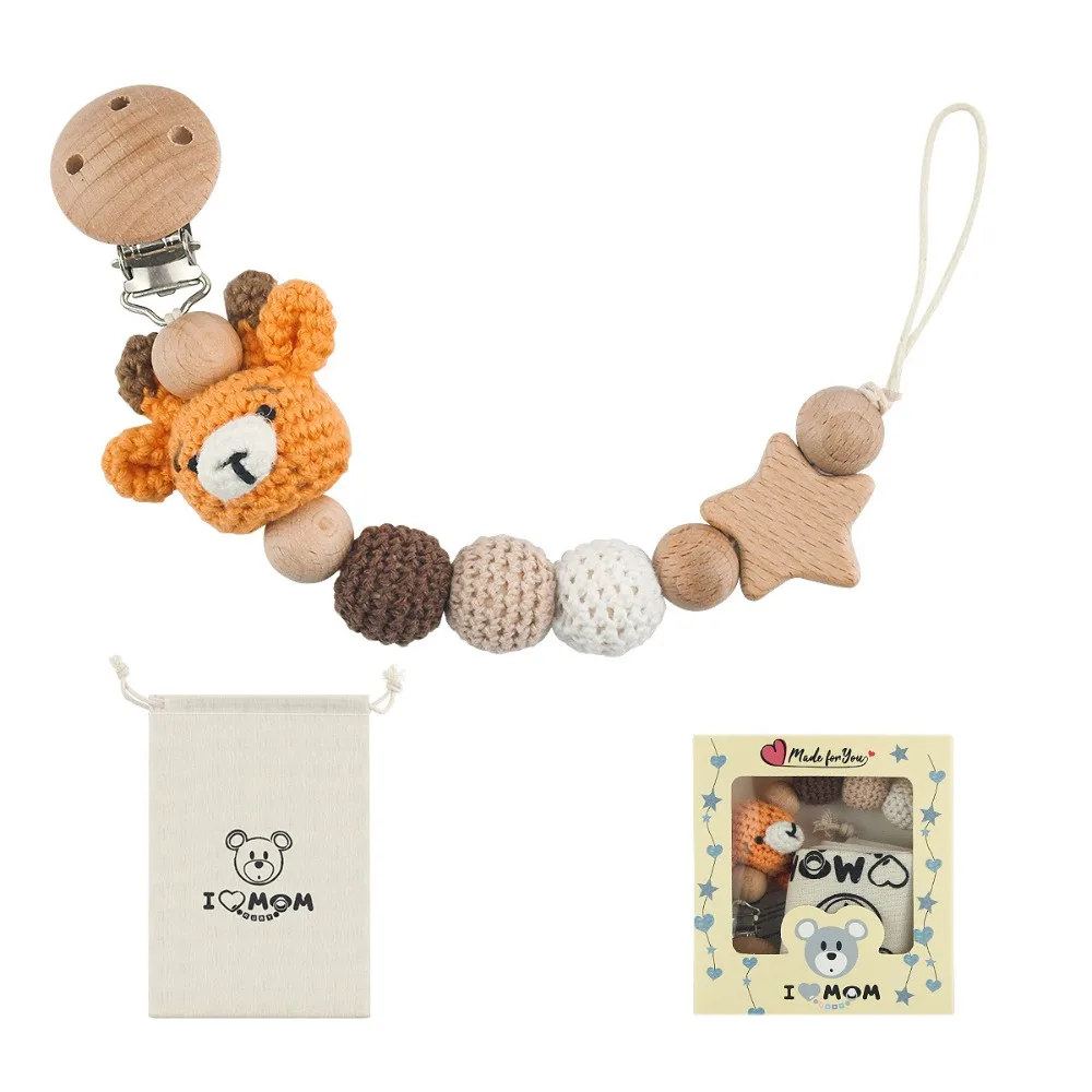 Baby Houten Fopspeen Clip Hout Gehaakt Cartoon Tandjes Fopspeen Ketting Voor Bpa Vrije Verpleging Kauw Speelgoed Baby Dummy Houder Ketting