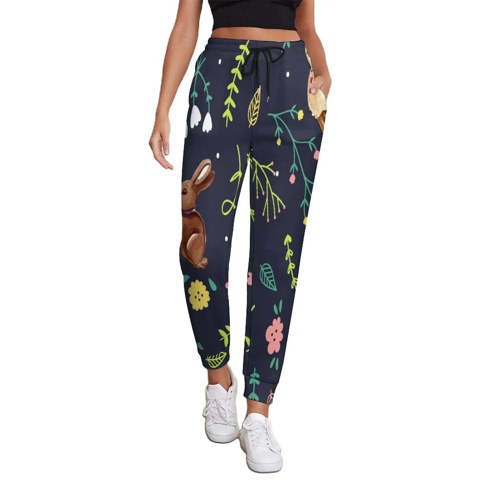 Easter Pants Female Cute Bunny With Flowers Aesthetic Sweatpants Spring Trendy Graphic Trousers Big Size