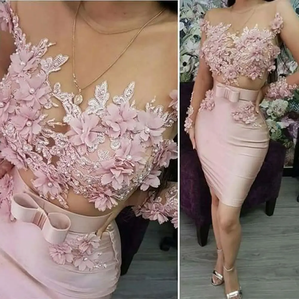 Vestido de regreso a casa rosa con cuello redondo, vestido corto de graduación con Apliques de encaje de perlas, vestido de vaina azul claro