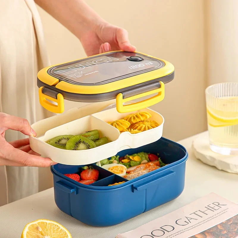Portable Double Layer Lunch Box, Microwave Safe Compartment Food Box with Cutlery for Kitchen Picnic