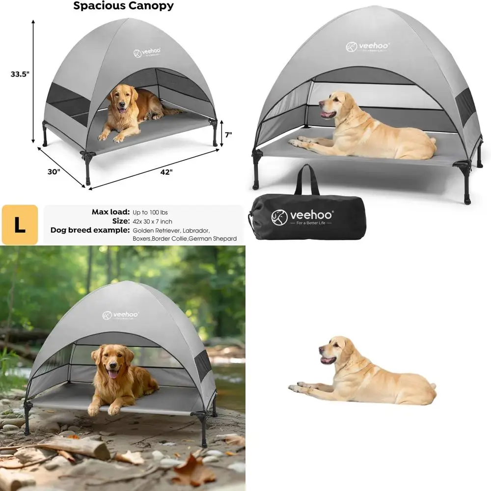 

Elevated Cooling Dog Cot with Removable Shade, Non-Slip, Large Grey Outdoor Pet Bed for Camping and Beach, Suitable for Large Do