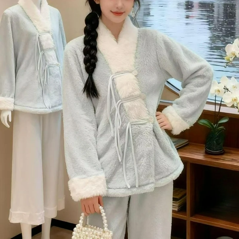 2026 خريف/شتاء جديد بيجامة من الصوف المرجاني للنساء جديد النمط الصيني الصوف وسميكة الدافئة مجموعات الحلو نمط ملابس المنزل #3