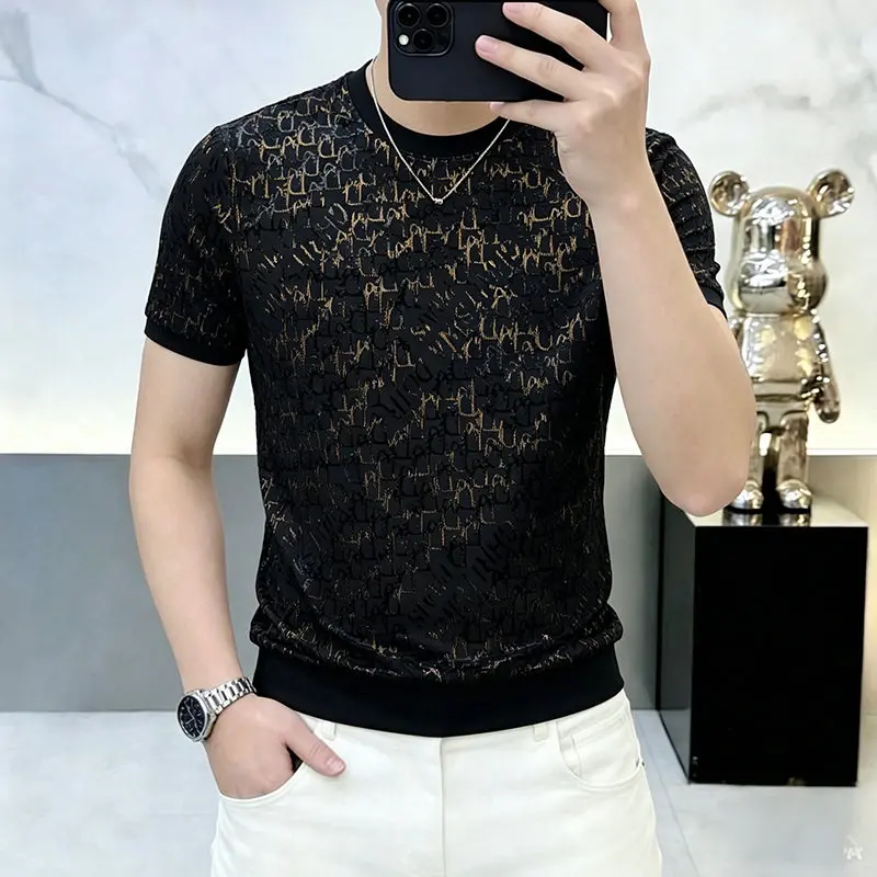 Flocking Burnout Black T Shirt For Men Short Sleeve Cool Feeling Summer Quality Polyamide Blend Elastic Slim Camisetas De Hombre