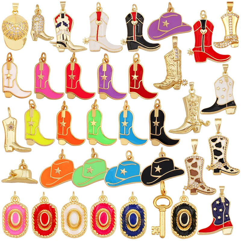 Trendy Cowboy Hat Boots Colorful Enamel Charm Pendants,Fashion 18K Gold Plated Cap Necklace Making Accessories Supplies K77