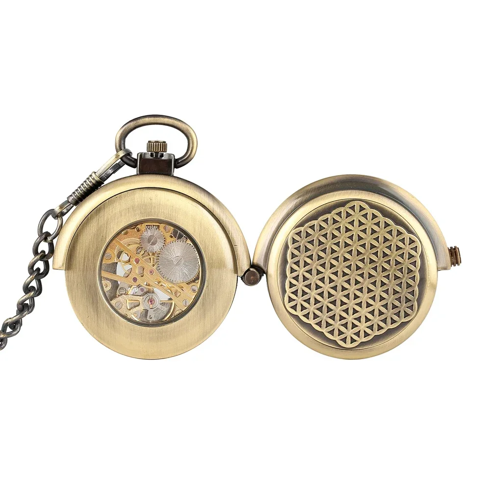 ساعة جيب برونزية كبيرة الحجم، ساعة ميكانيكية يدوية، قرص أرقام رومانية مع سلسلة قلادة من سبيكة reloj