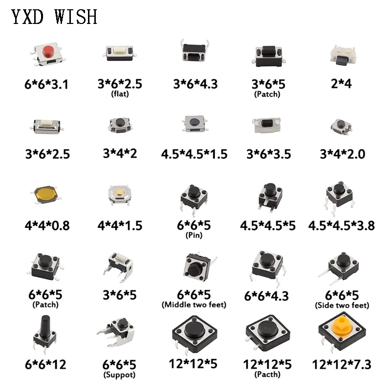 مجموعة مفاتيح زر دفع صغيرة متنوعة ، مفتاح ورق صغير صغير ، مفتاح ذاتي الصنع ، SMD DIP ، 25 نوعًا ، 2x4 ، 3x6 ، 4 4 ، 6x6 ،