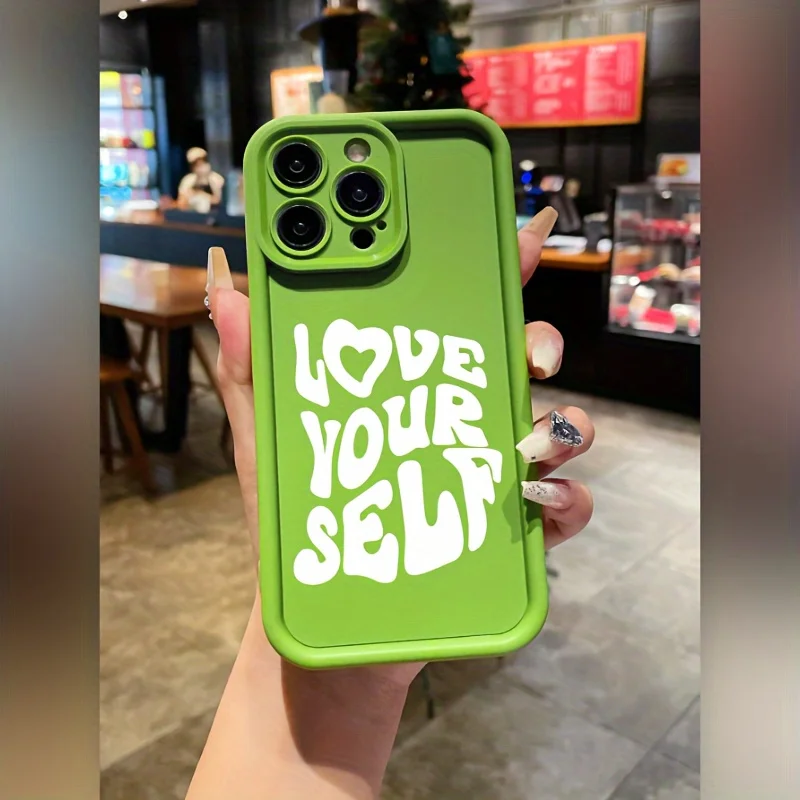 Зеленый чехол для телефона Love Yourself, подходит для iPhone 17, 16, 15, 14, 13, 12, 11 Pro/Max/Plus, противоударный и противоударный Зеленый чехол для телефона Love Yourself, подходит для iPhone 17, 16, 15, 14, 13, 12, 11 Pro/Max/Plus, противоударный и противоударный