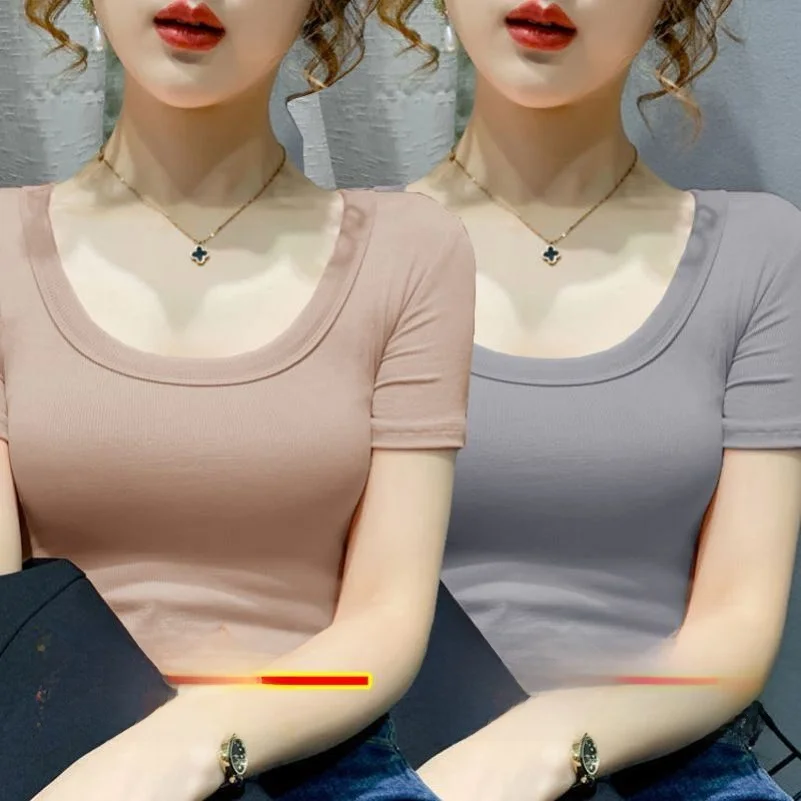 Elastic Short Sleeve T-Shirt Women's Summer New Style Low Collar Thread Tight Fit Base Shirt Versatile Half Sleeve Top